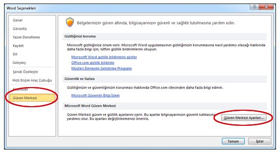 Güven Merkezi Ayarları’nın görüntülendiği Word seçenekleri