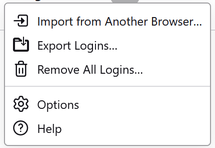 Firefox'ta oturum açma bilgilerini dışarı aktar seçeneğinin gösterildiği parolalar menüsü.