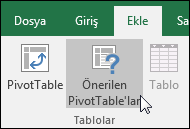 Excel’in sizin için bir PivotTable oluşturmasını istiyorsanız Ekle > Önerilen PivotTable’lar seçeneğine gidin