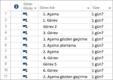 Yeni bir proje planına girilen otomatik olarak zamanlanmış görevlerin ekran görüntüsü.