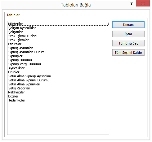 Tabloları Bağla iletişim kutusunda bağlanmak için tablo seçme