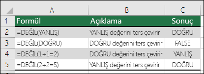 Bağımsız değişkenleri tersine çevirmek için NOT işlevi örnekleri.  Örn. =NOT(1+1=2)