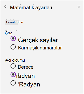 Matematik ayarlarında sayı türleri veya açı ölçümü için çözme.