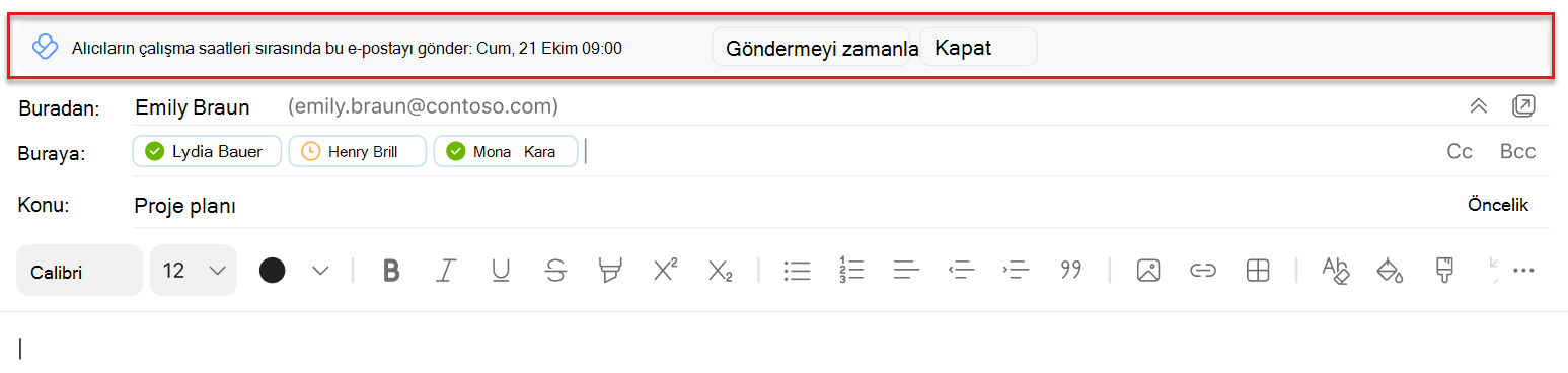 Outlook Mac'te Başlangıç satırının üzerinde vurgulanan bir zamanlama gönderme önerisinin ekran görüntüsü