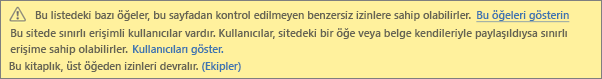 Liste veya kitaplık için benzersiz izinlere yönelik iletiyi gösteren resim