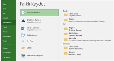 En Son öğesinin seçili olduğu Farklı Kaydet sayfası