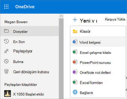 OneDrive İş’te yeni dosya veya klasör menüsü