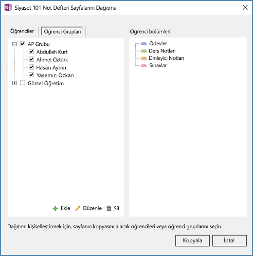 Sınıf Not Defteri'nde, onay kutuları ve öğrencilerin not defterlerindeki hedef bölümlerin listesini içeren Öğrenci Gruplarının listesini içeren Sayfaları Dağıt bölmesi.