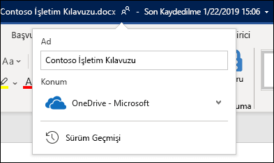 Office 365 için Word’de belge başlığından gelen açılan menü