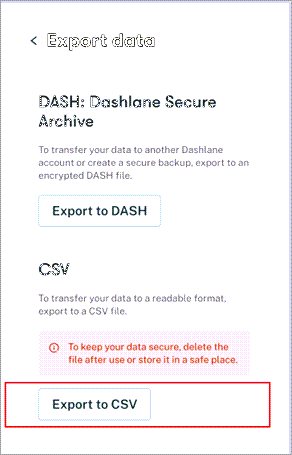 Dashlane'ın verileri dışarı aktarma menüsü ve alt kısımda CSV'ye Aktar düğmesi vurgulanmış.