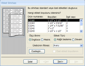 Etiket sihirbazının ilk sayfası