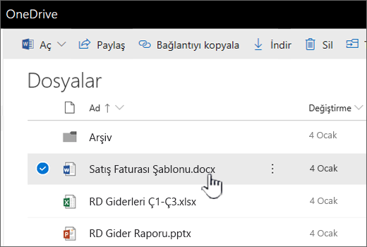 Dosya seçiliyken OneDrive