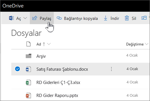 Dosya seçili ve Paylaş düğmesinin gönderildiği OneDrive