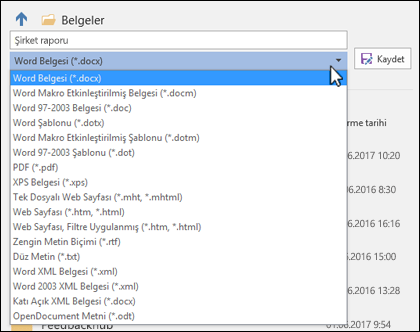 Belgenize farklı bir dosya biçimi seçmek için dosya türü açılan listesine tıklayın
