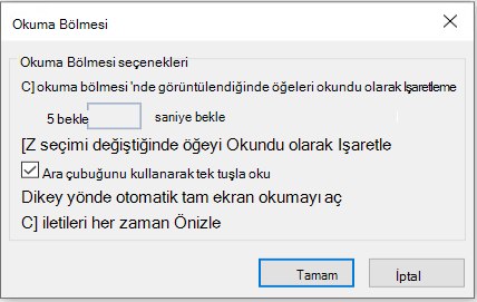 Okuma Bölmesi Seçenekleri