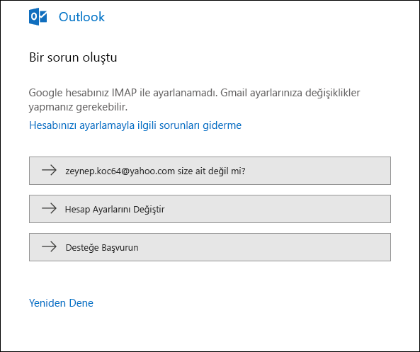 Outlook’ta bir e-posta hesabı eklenirken bir sorun oluştu.