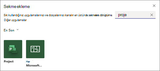 Proje terimi için Sekme ekle iletişim kutusunu ve arama sonuçlarını gösteren ekran görüntüsü