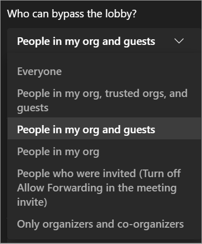 Toplantı sırasında lobi atlama ayarlarının ekran görüntüsü.