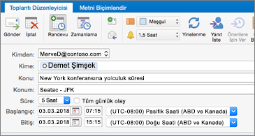 İki farklı saat dilimini gösteren toplantı daveti