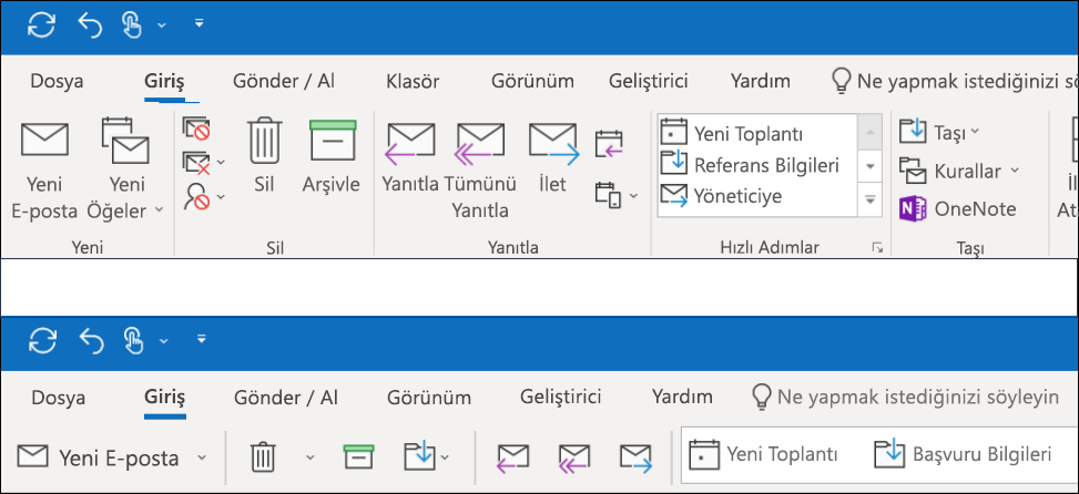 Artık Outlook 'ta iki farklı şerit deneyimlerinden birini seçebilirsiniz.