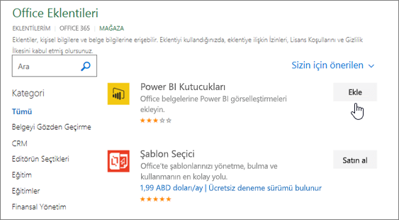 Excel eklentisini seçebileceğiniz veya arayabileceğiniz Office Eklentileri sayfasının ekran görüntüsü.