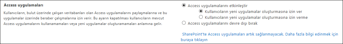 SharePoint Yönetim Merkezi sayfasındaki Access uygulama ayarlarının ekran görüntüsü