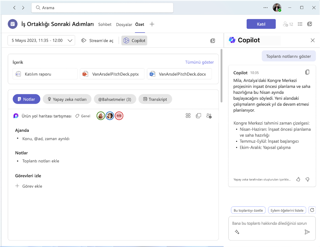 Toplantı özetinde Copilot