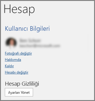 Hesap Gizliliği, Ayarları Yönet düğmesinin gösterildiği Hesap paneli