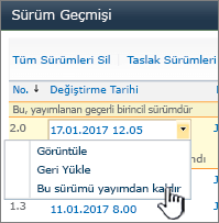 Yayımdan Kaldır seçeneğinin vurgulandığı sürüm oluşturma açılan listesi