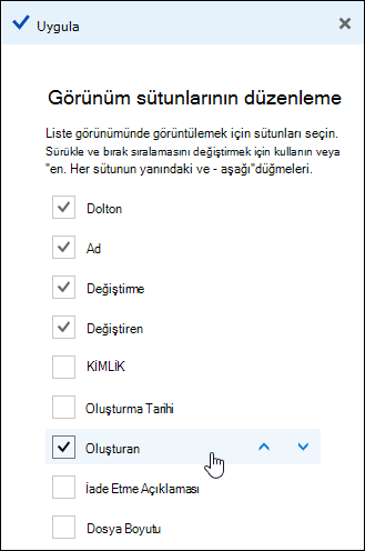 Belge kitaplığında sütunları düzenleme