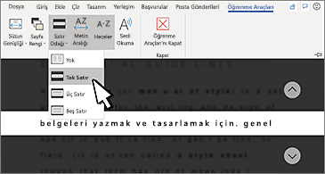 Şeritte Satır Odağı açılan listesi ve Bir Satır seçeneği belirtildi