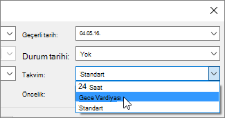 Proje Bilgileri iletişim kutusundaki Takvim listesi