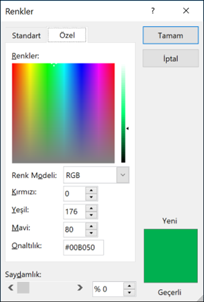 Office uygulamalarında renk seçici. RGB alanlarının altında Onaltılık renk değeri girebileceğiniz yeni bir alan vardır.