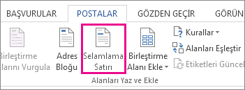 Word’de Posta Gönderileri sekmesinin ekran görüntüsü, Selamlama Satırı komutu vurgulanmış olarak gösteriliyor.