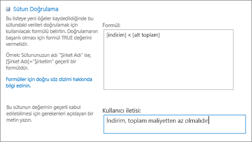 Alanları örnek verilerle doldurulmuş sütun doğrulama iletişim kutusu