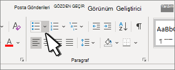 Paragraf grubunda vurgulanan madde işaretleri aşağı oku.