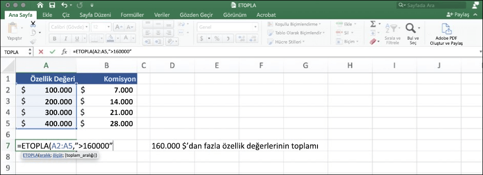 ETOPLA işlevini kullanan Excel verileri ekran görüntüsü