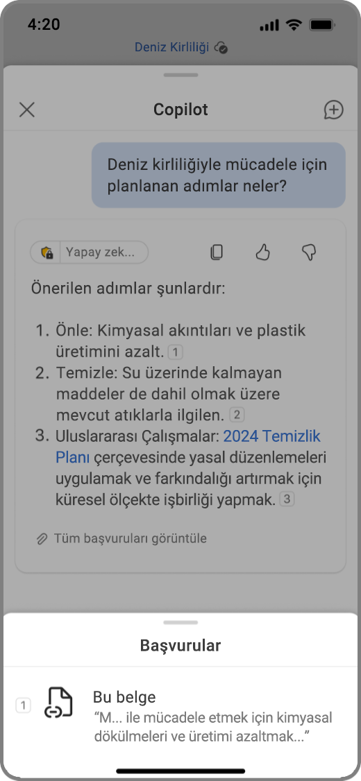 Copilot'un iOS cihazda Word'de Copilot'un sonucu ve başvurularıyla birlikte ekran görüntüsü