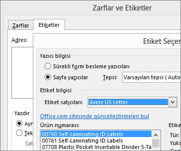 Etiket Seçenekleri iletişim kutusunda Avery uyumlu bir düzen seçme
