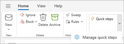 Hızlı adımları yönet ayarını gösteren Outlook şeridinin ekran görüntüsü