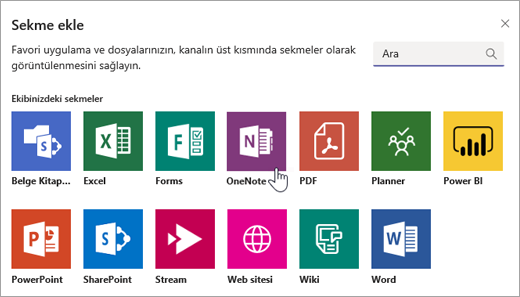 Ekibin içine OneNote’u bir sekme olarak ekleme.