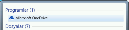 Windows 7'de OneDrive masaüstü uygulamasını arama işleminin ekran görüntüsü
