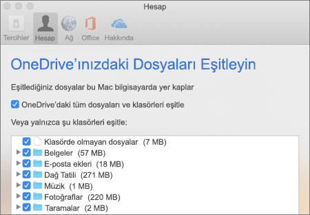 Mac için OneDrive'da Klasörleri Eşitle iletişim kutusu