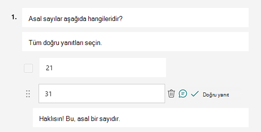 Microsoft Forms'da özelleştirilmiş doğru yanıt iletisi