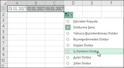 Sıralı bir tarih listesi oluşturmak için dolgu tutamacını kullanma