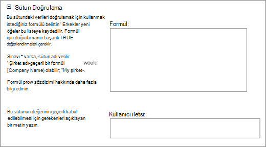 Yeni soru iletişim kutusunun Doğrulama bölümü