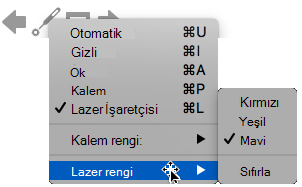 Lazer işaretçisinin rengi için kırmızı, yeşil veya maviyi seçebilirsiniz