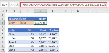 İki seçim arasında kalan bir değer aralığını toplamak için TOPLA ile ÇAPRAZARA kullanma