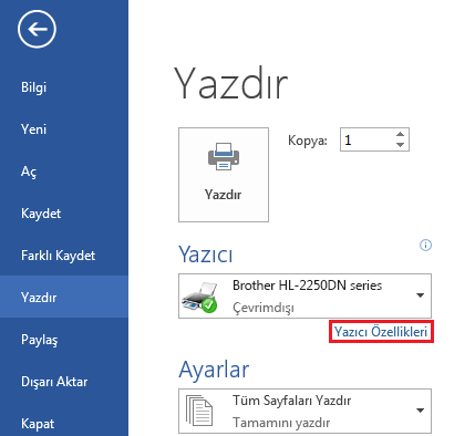 Yazdır ekranında, Yazıcı Özellikleri'ne tıklayın.