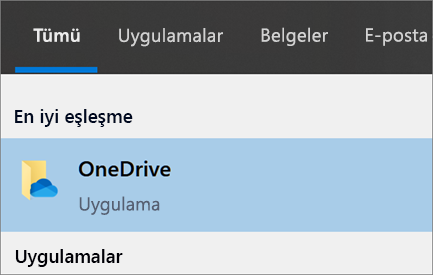 Windows 10'da OneDrive masaüstü uygulamasını arama işleminin ekran görüntüsü